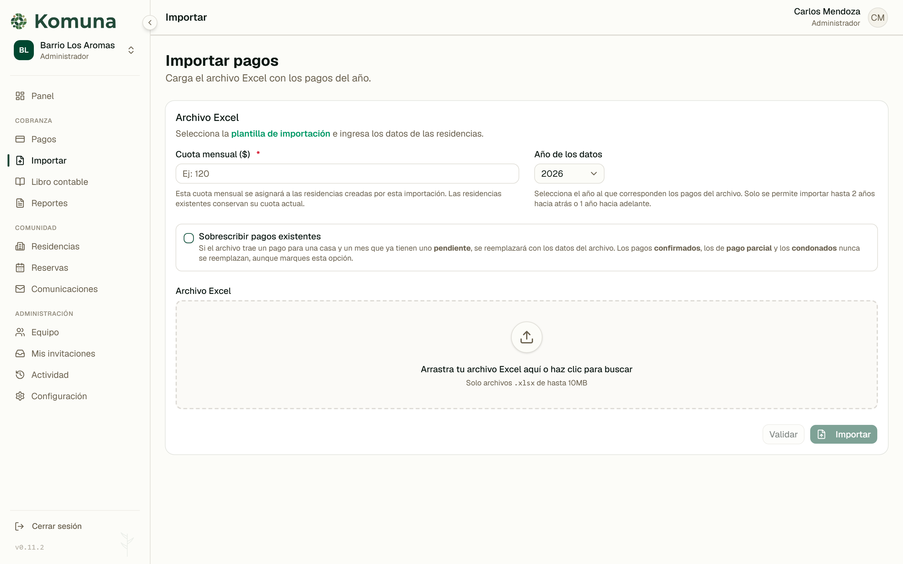 Importación de pagos desde una planilla de Excel en Komuna