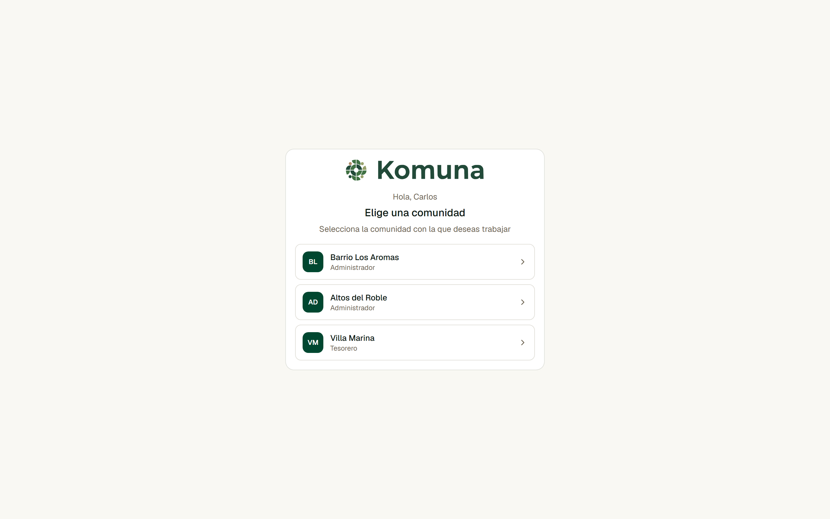 Selector de comunidades de Komuna: un mismo administrador eligiendo entre las comunidades que gestiona